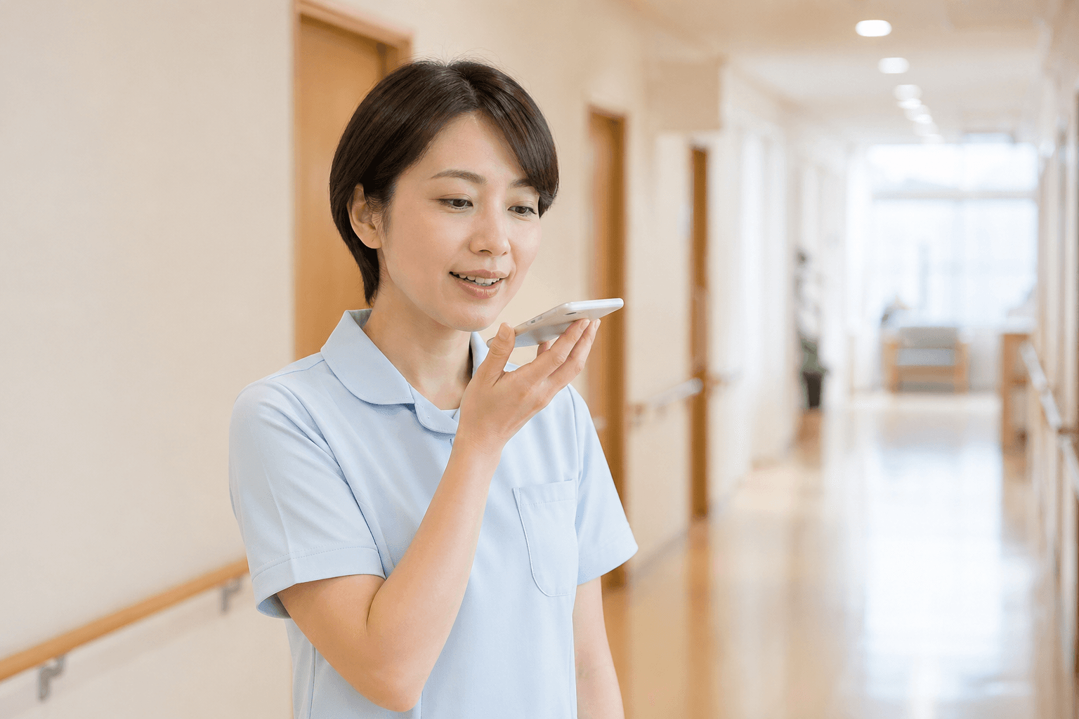 介護士がスマホに話しかけている様子